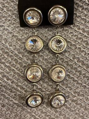 Pierced Crystal Rivoli Drop Dangle Earrings - Silver Tone Clear Stones